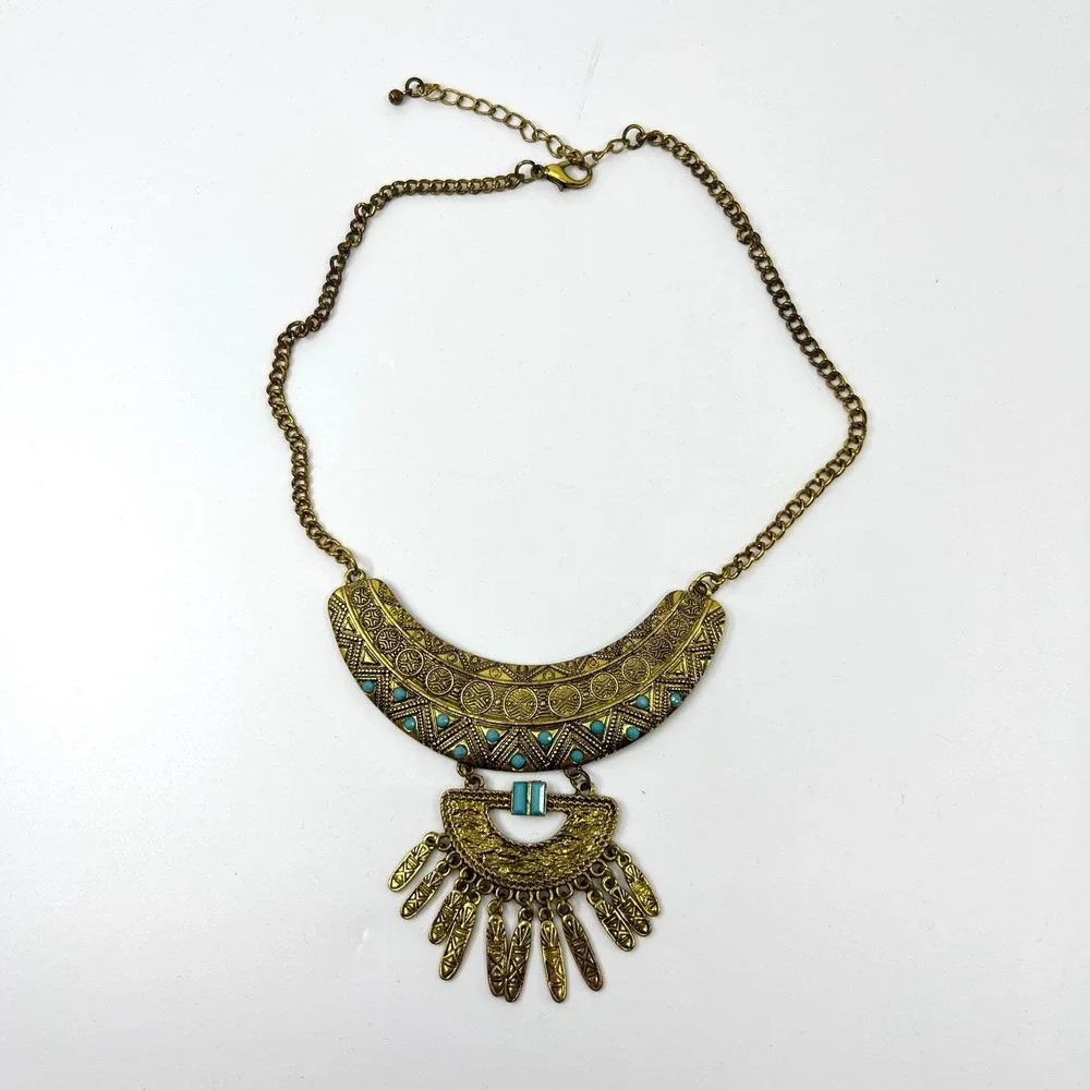 VTG Retro Antique Gold Tone Bib Statement Necklace Boho Turquoise‎ Color Accents